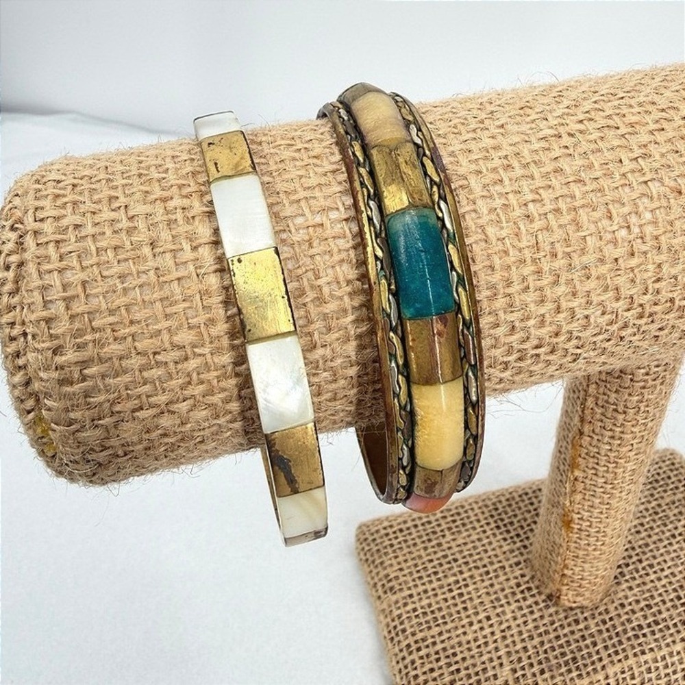 Bangle Cuff Bracelet SET Brass Inlay Mother of Pearl Stone Boho Jewelry OS READ*